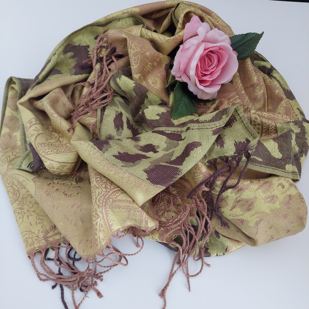 Olive Green Gold Paisley Pashmina Shawl Silk Feel Jacquard Scarf Evening Wrap - Picture 2 of 8